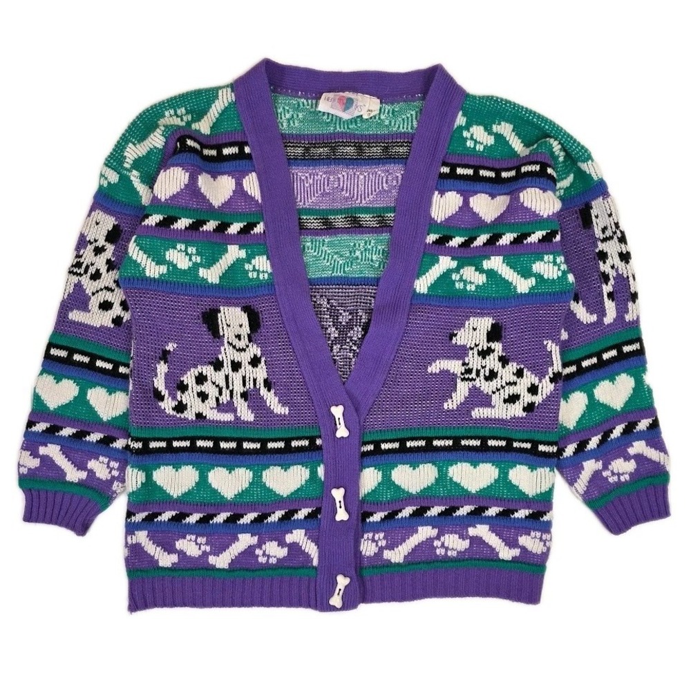 VTG Heartworks Girls‎ Small 7/8 Purple Dalmation Dog Cardigan Sweater 80's 90's